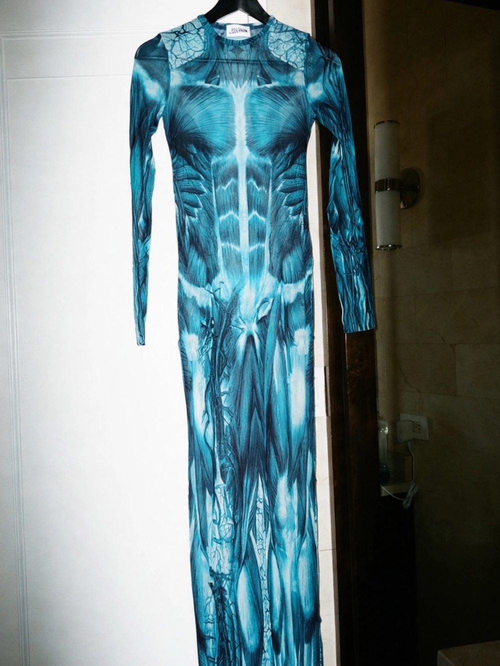 Jean Paul Gaultier Blue The Ecorche Long Sleeve Maxi Mesh Dress